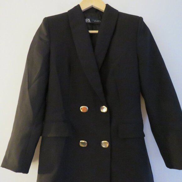 ZARA Double Breasted Long Blazer Jacket in Black Minimalist Blogger Fave Size S - Picture 4 of 14